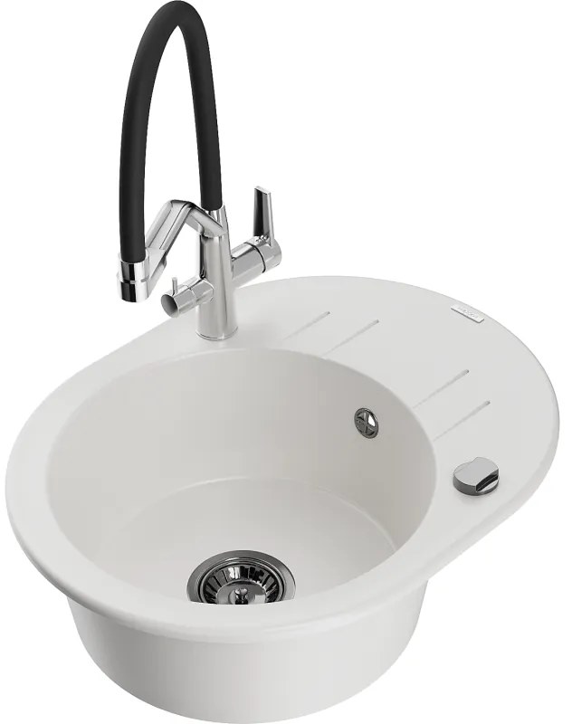 Mexen Kevin, granitový drez 586x458x190 mm, 1-komorový a biela batéria Duo, biela, 6517-20-671701-07-B