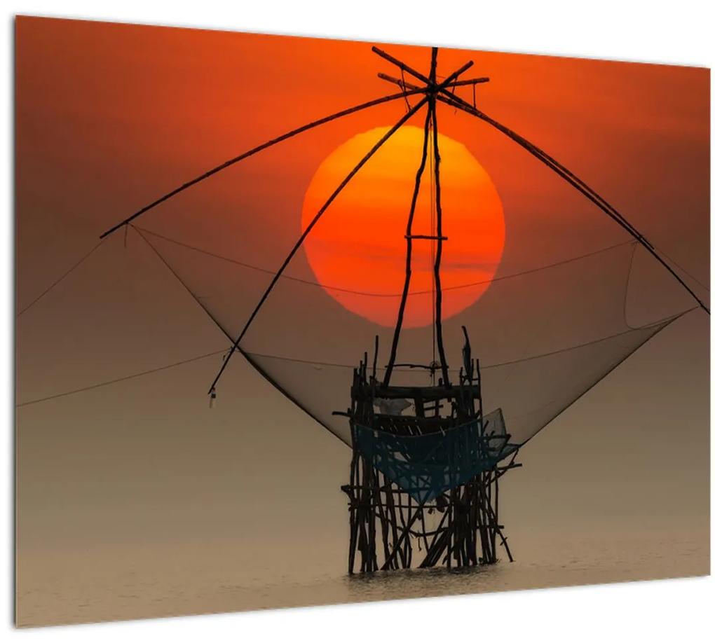 Sklenený obraz - Východ slnka, jazero Pakpra (70x50 cm)