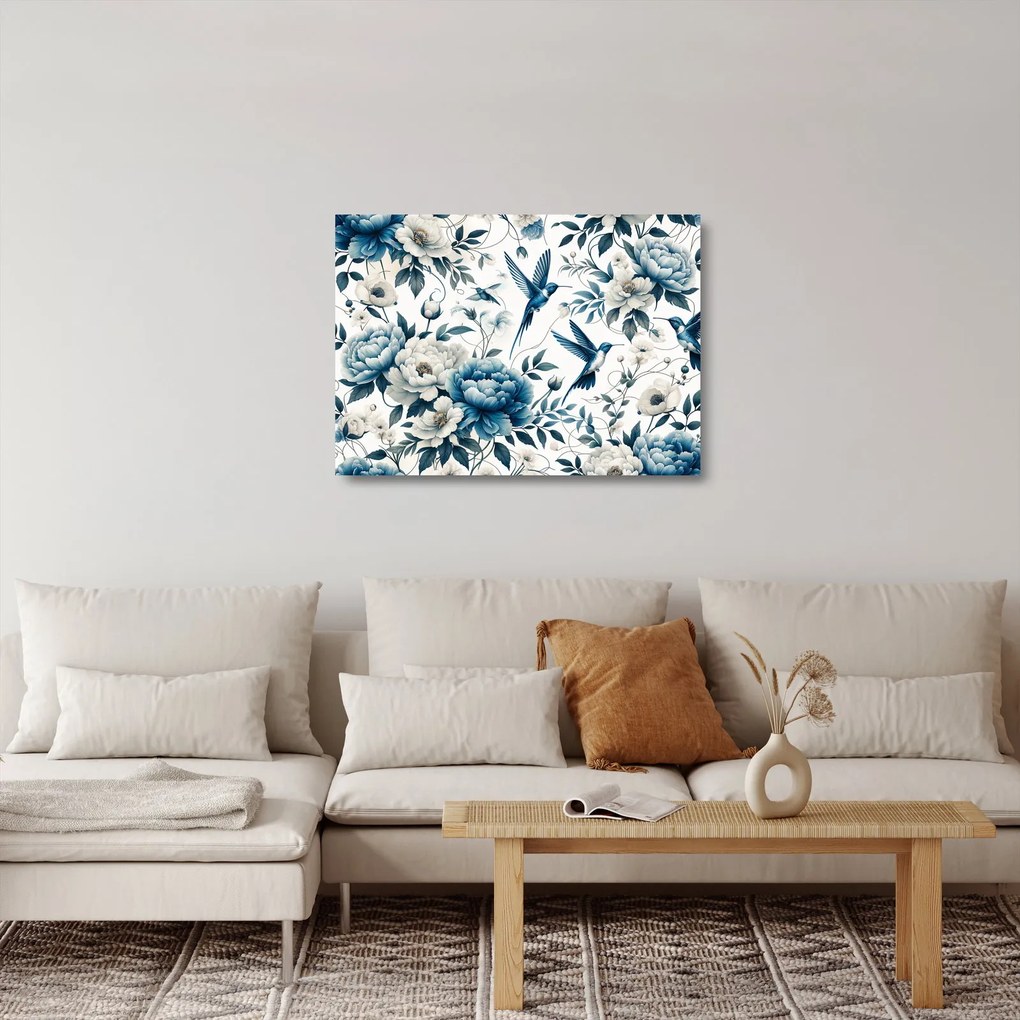 Sklenený obraz - Kolibríky s kvetmi (70x50 cm)