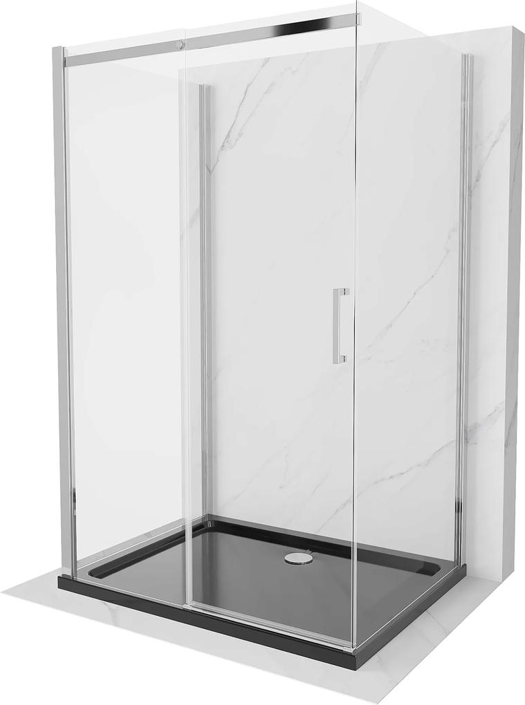 Mexen Omega, 3-stenový sprchovací kút s posuvnými dverami 130 (dvere) x 80 (stena) x 190 cm, 8mm číre sklo, chrómový profil + čierna sprchová vanička SLIM, 825-130-080-01-00-3S-4070