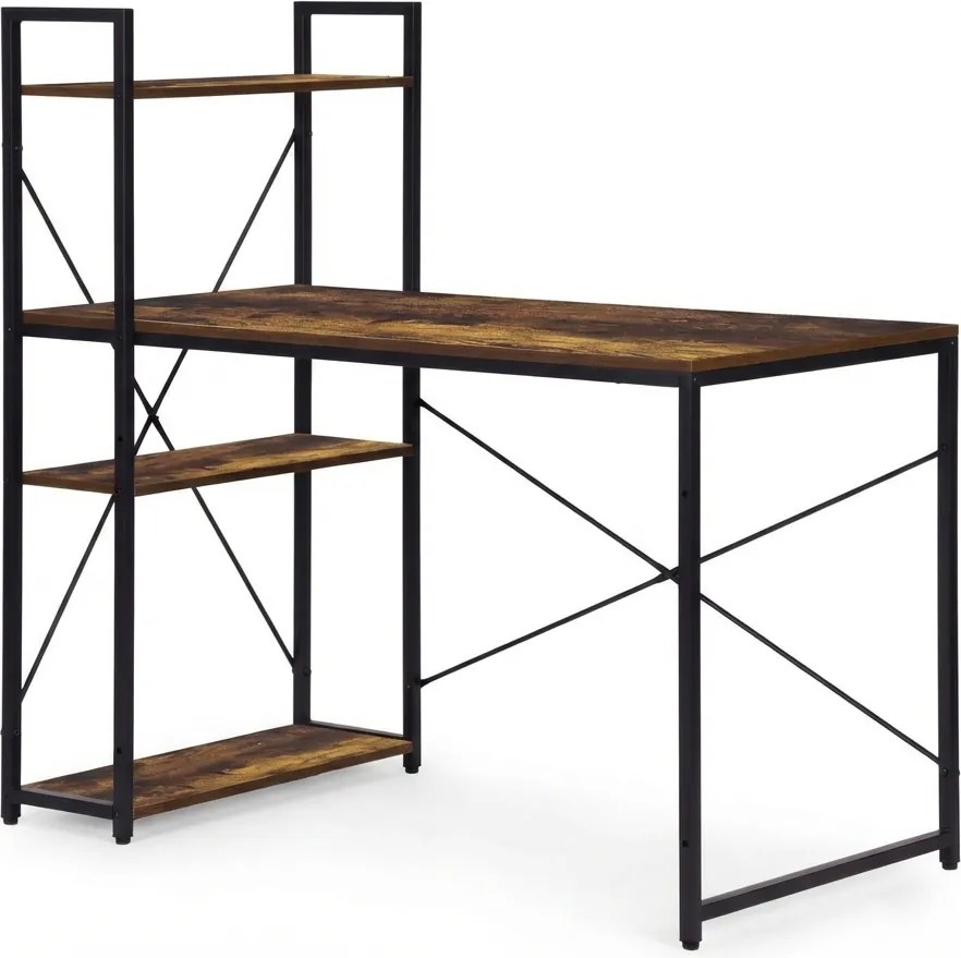 Písací stôl s regálom LOFTY 120x60 cm, čierny / rustikálne hnedý