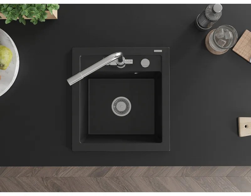Mexen Vito, 1-komorový granitový drez 520x490x210 mm, chrómová batéria Duero, čierna, 6503-77-671600-00