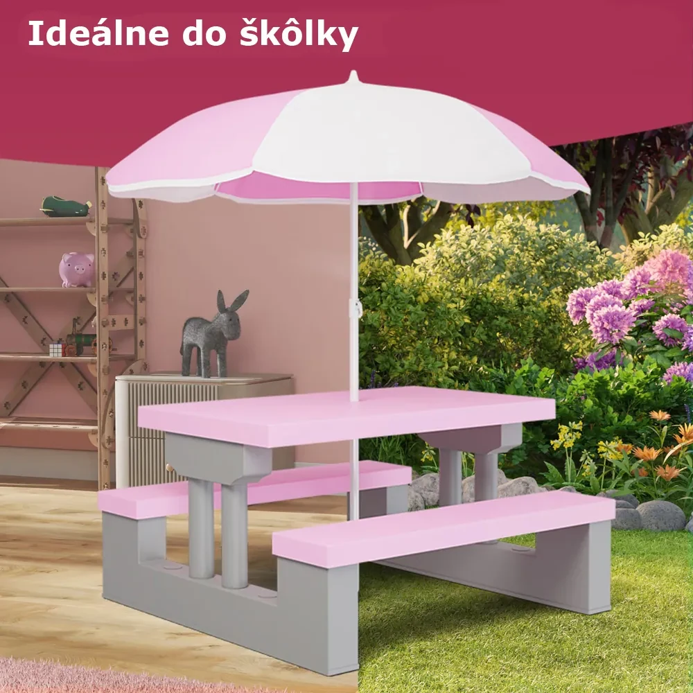 Spielwerk Detská sedacia zostava so slnečníkom JASMIN, 67x78,5x42,5cm, ružová/šedá