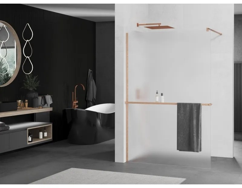 Mexen Kioto+, sprchová zástena Walk-In s poličkou a vešiakom 140 x 200 cm, 8mm sklo námraza, medený matný profil, 800-140-121-65-30