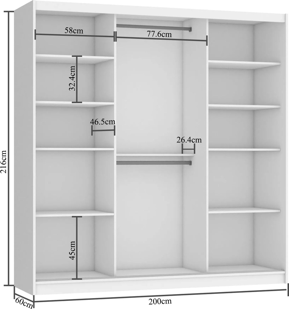Šatníková skriňa s posuvnými dverami 200 cm PRIMO so zrkadlom biela matná MES PRIMO SZP1/1/B/W/0/AL