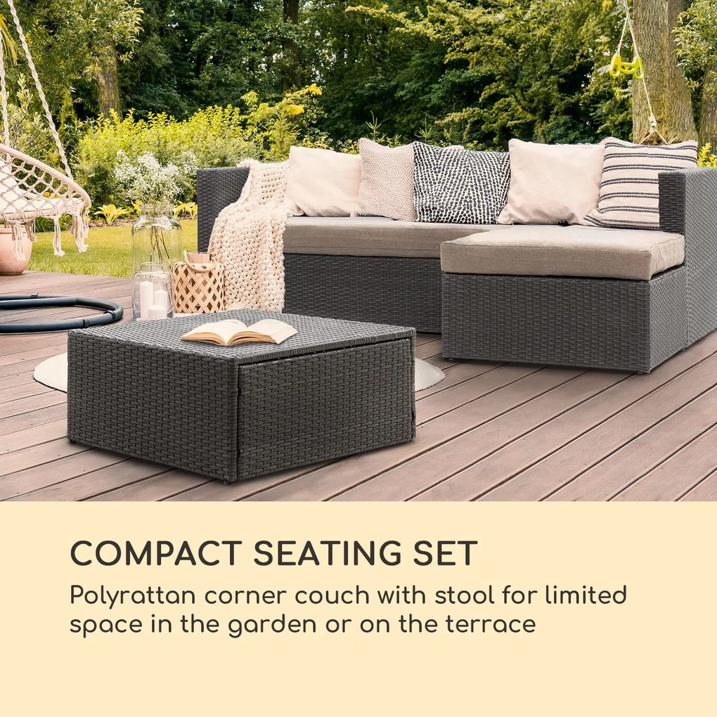 Blumfeldt Theia Lounge Set, záhradná sedacia súprava, rohový gauč, stolček, 5 vankúšov, čierna