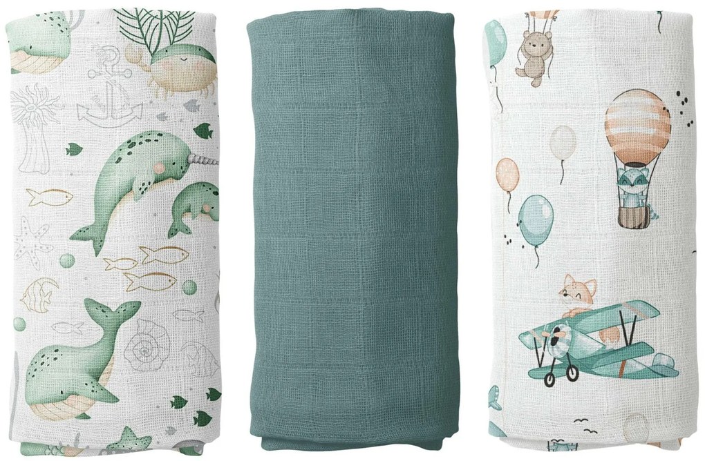 Sada 3ks bavlnených plienok PREMIUM, Airplanes - Ocean