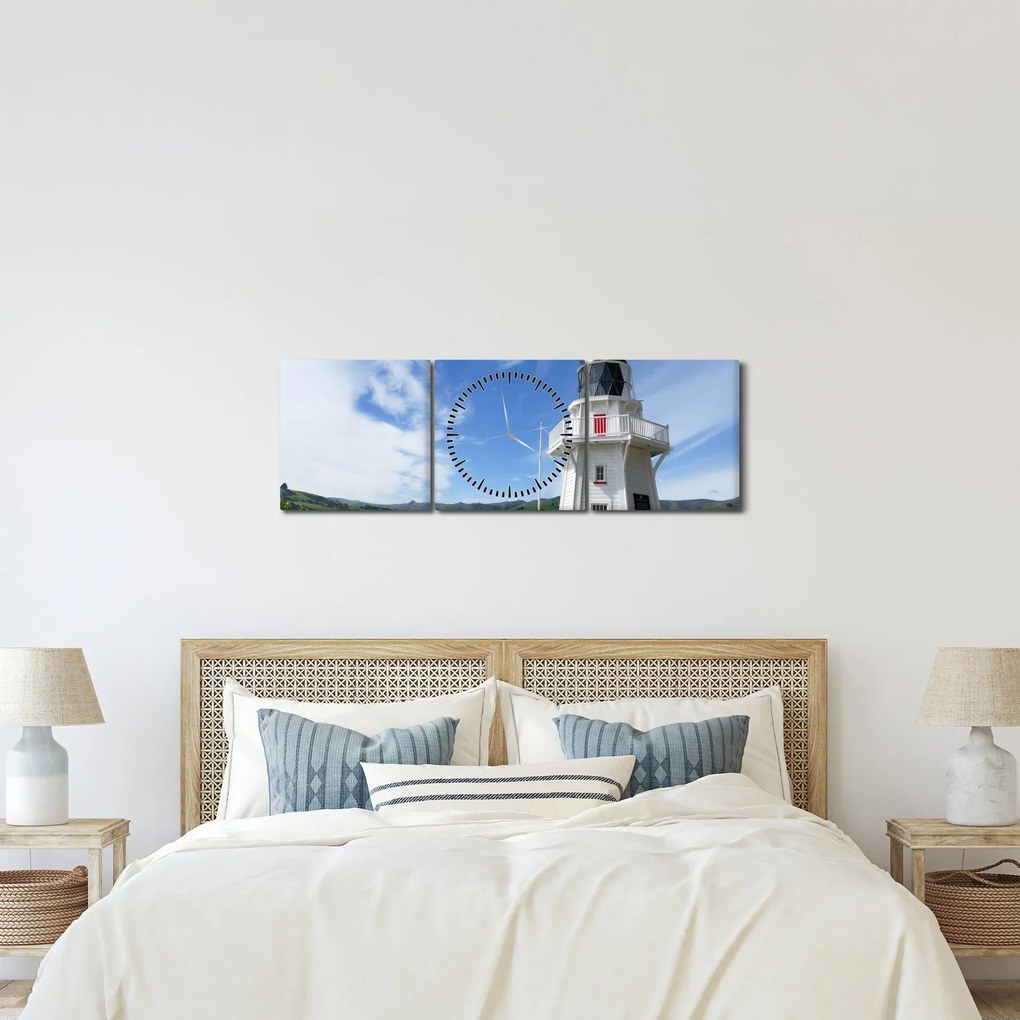 Obraz majáku Akaroa, Nový Zéland (s hodinami) (90x30 cm)