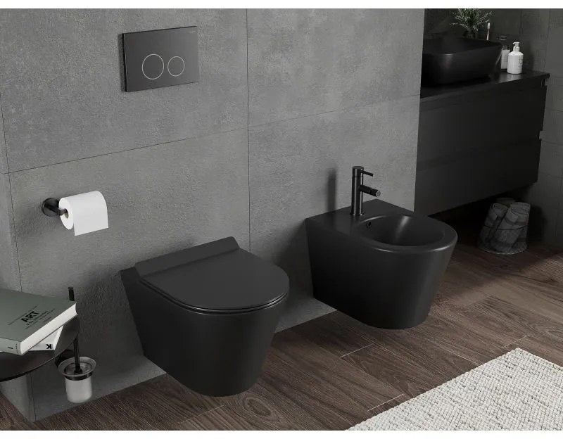 Mexen Rico, závesná WC misa 490x360x370 mm, Rimless Tornádo + WC sedadlo z duroplastu, čierna matná, 30720185T