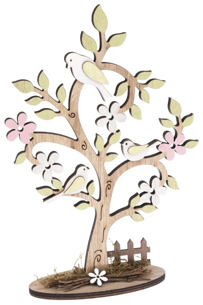Drevená dekorácia Kvitnúci strom s plôtikom, 18,5 x 27,5 cm