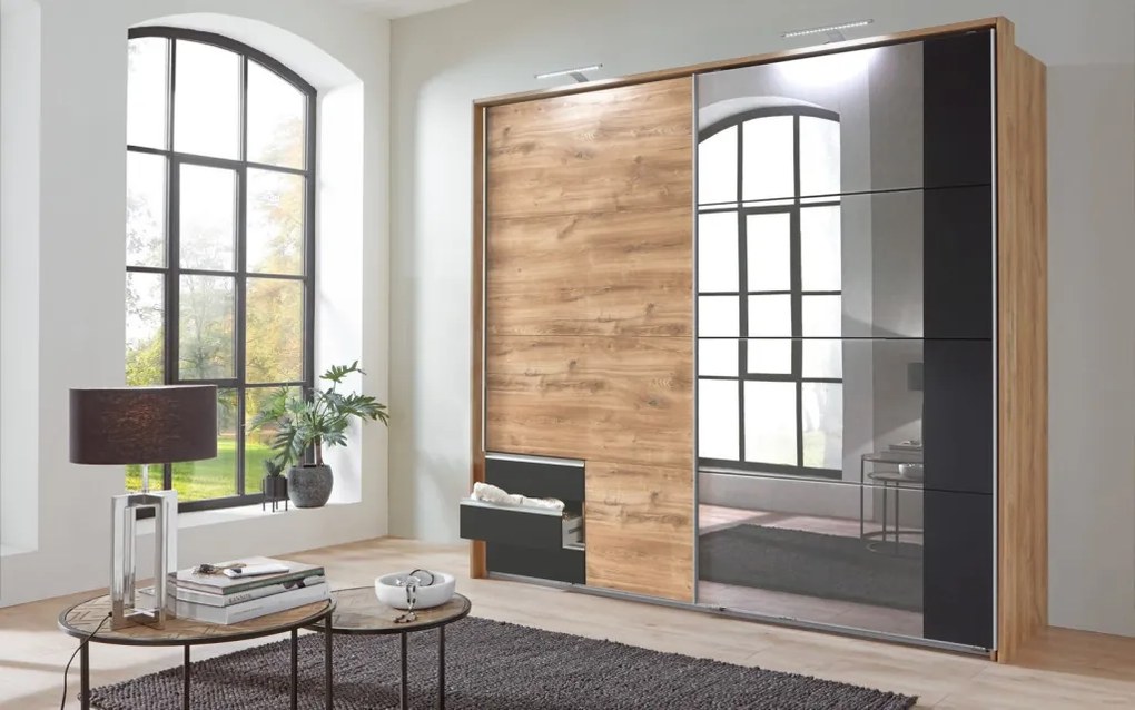 Šatníková skriňa so zrkadlom Emden, 225 cm, doskový dub/grafit