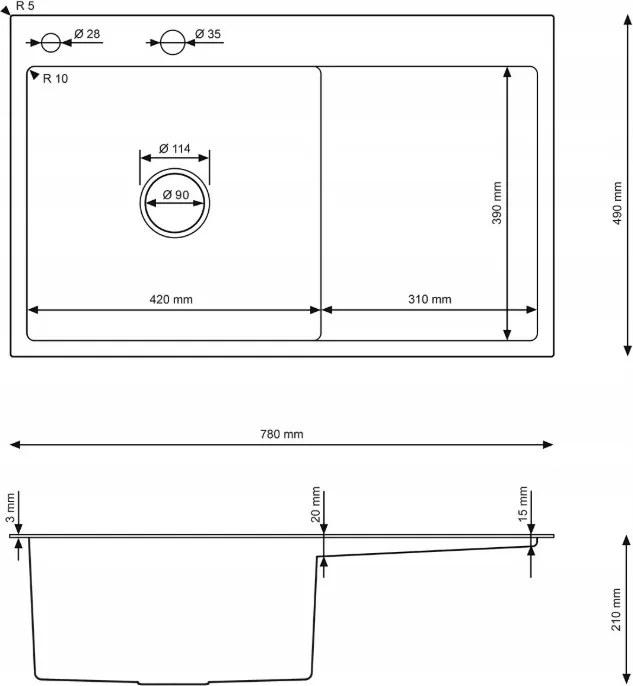 Erga HD, 1-komorový oceľový drez 780x490x210 mm, ľavý, grafitová, ERG-MLS-HD7849LB