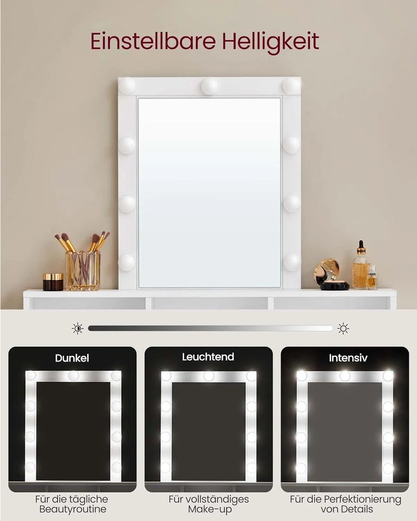 Toaletný stolík s LED osvetlením, nastaviteľným jasom, biely