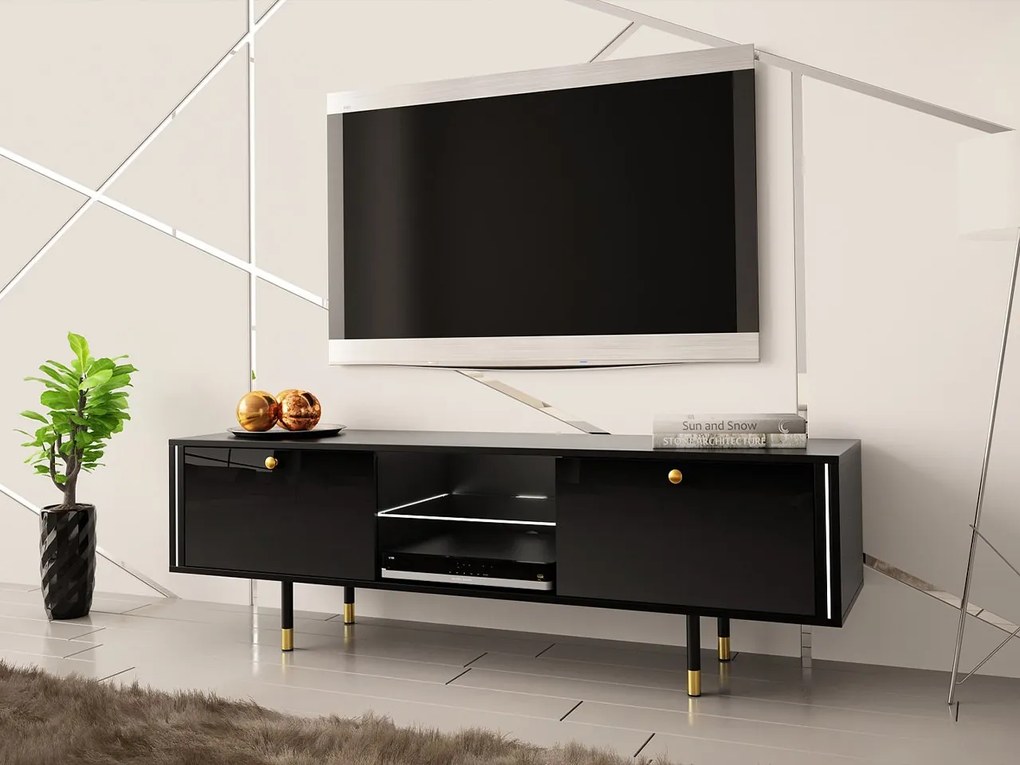 TV stolík 160 Wiastan 01 s LED osvetlením, Farba: čierna / čierny lesk