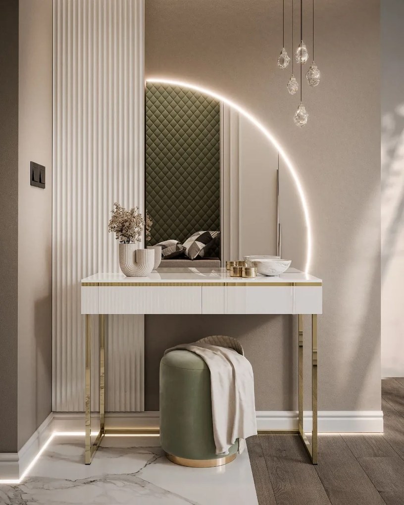 TOALETNÝ STOLÍK NESSIE BIELY LESK PRAVÝ + ZLATÝ PODSTAVEC + ZRKADLO POLMESIAC