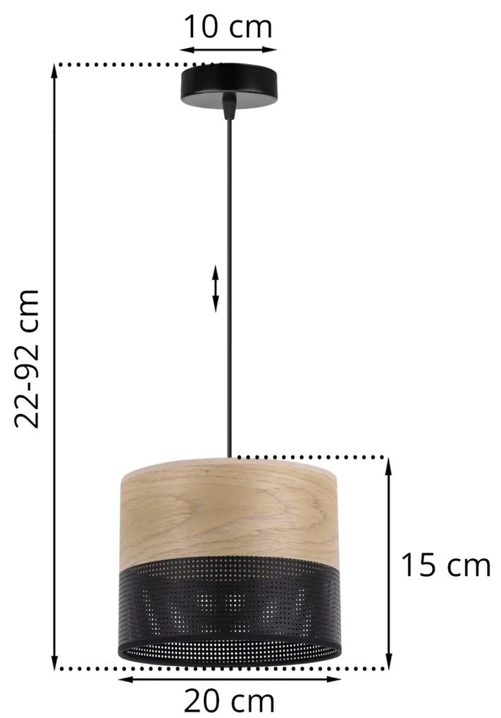 Závesné svietidlo Wood, 1x dýha zlatý dub/čierne PVC tienidlo, (fi 20cm)