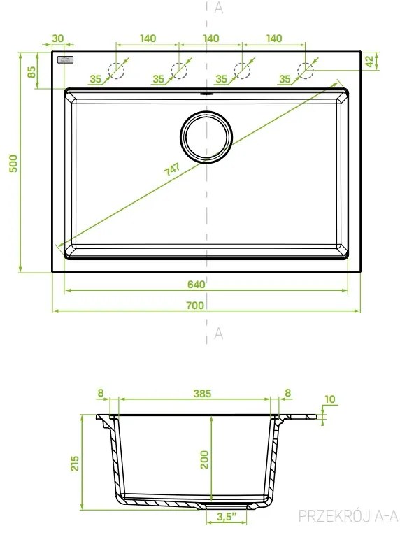 Laveo Tau, 1-komorový granitový drez 700x500x215 mm, šedá, LAV-SBT_5107