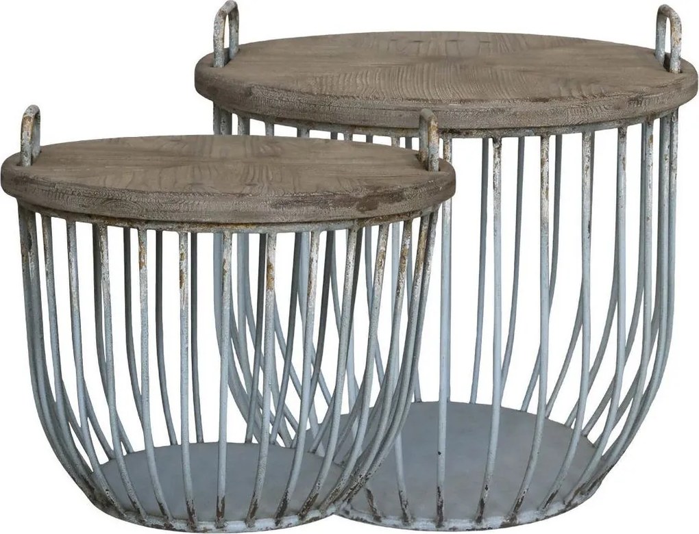 2ks zelený antik kovový coffee stolík s drevenou doskou Charlotte - Ø 57*48 cm
