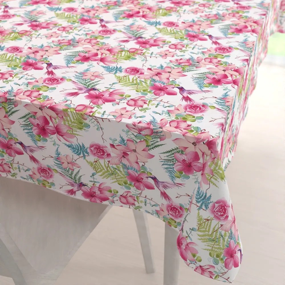 Biante Bavlnený obdĺžnikový obrus Sandra SA-493 Kolibríky s ružovými kvetmi na bielom 80x120 cm