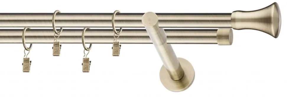 Dekorstudio Mosadzná dvojradová garniža MONACO 19mm Dĺžka: 140cm, Typ uchytenia: Držiak dvojitý modern, Typ príslušenstva: Krúžky tiché so štipcami
