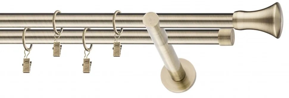 Dekorstudio Mosadzná dvojradová garniža MONACO 19mm Dĺžka: 420cm, Typ uchytenia: Držiak dvojitý modern, Typ príslušenstva: Krúžky tiché so štipcami