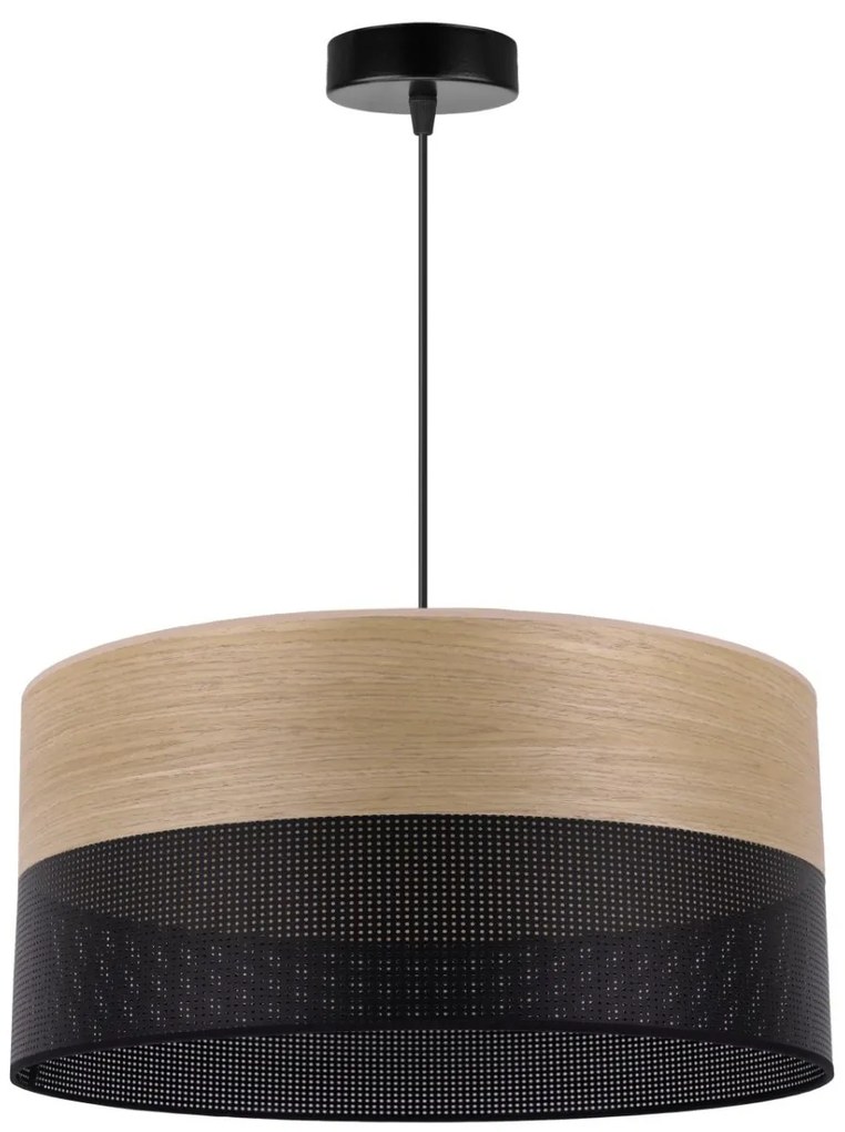 Závesné svietidlo Wood, 1x dýha zlatý dub/čierne PVC tienidlo, (fi 44cm)