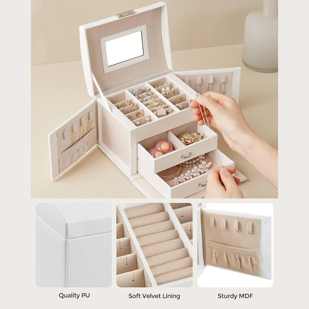 Šperkovnica, 3-úrovňová s 2 zásuvkami a s cestovným puzdrom, biela