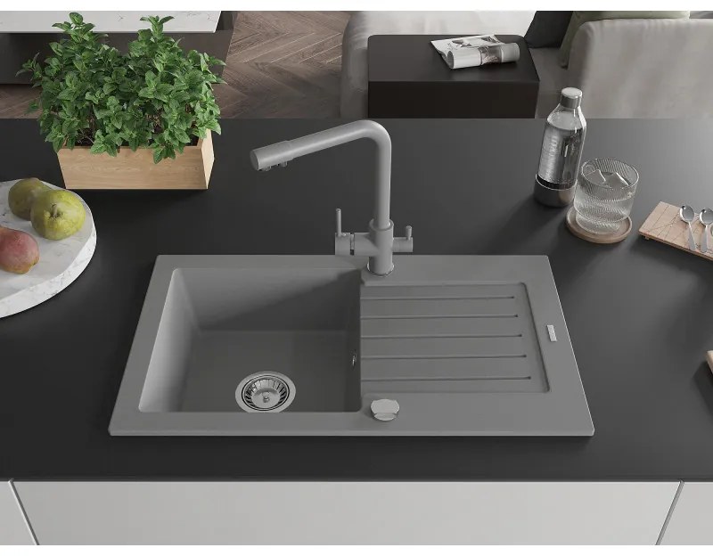 Mexen Pablo, granitový drez 752x436x161 mm, 1-komorový a šedá batéria Duero, šedá, 6510-71-671600-71