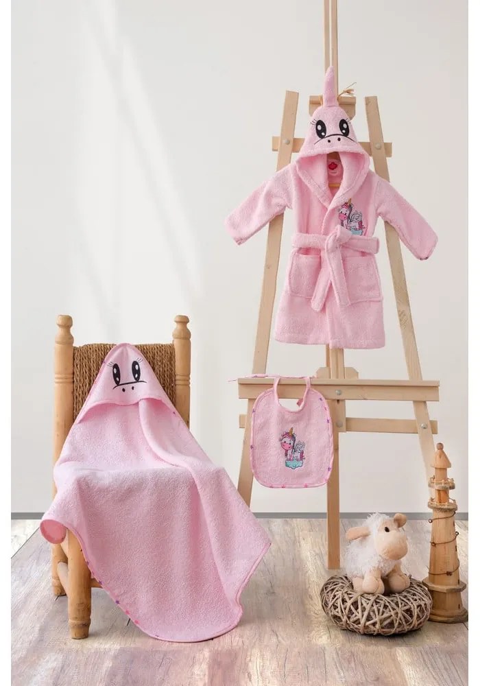 Ružový bavlnený detský župan a osuška v súprave 3 ks veľkosť 0-2 roky Unicorn – Foutastic