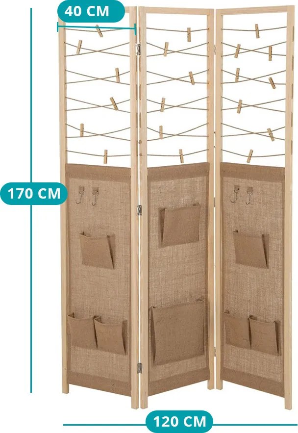 3-panelový paraván s 8 úložnými vreckami a 4 háčikmi, prírodný