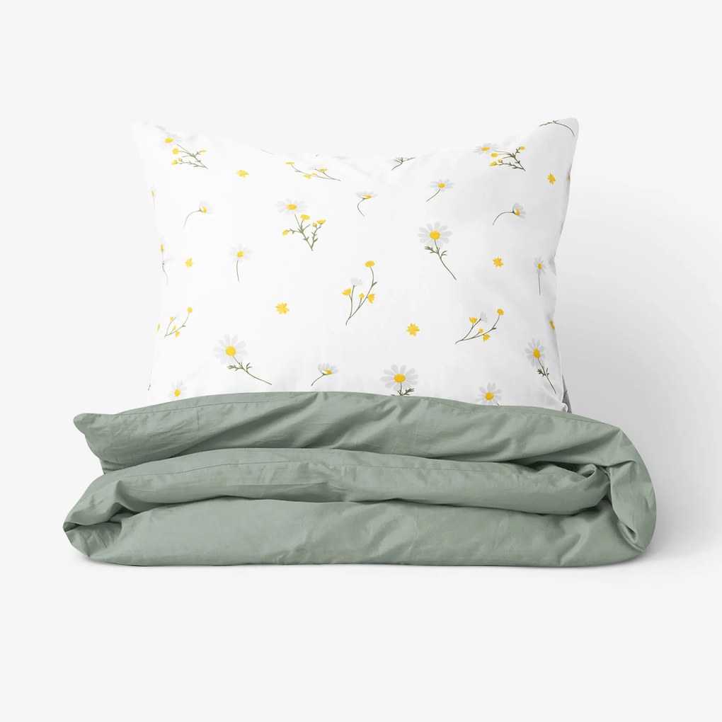 Goldea bavlnené posteľné obliečky duo - harmanček s šalvejovo zelenou 140 x 220 a 70 x 90 cm