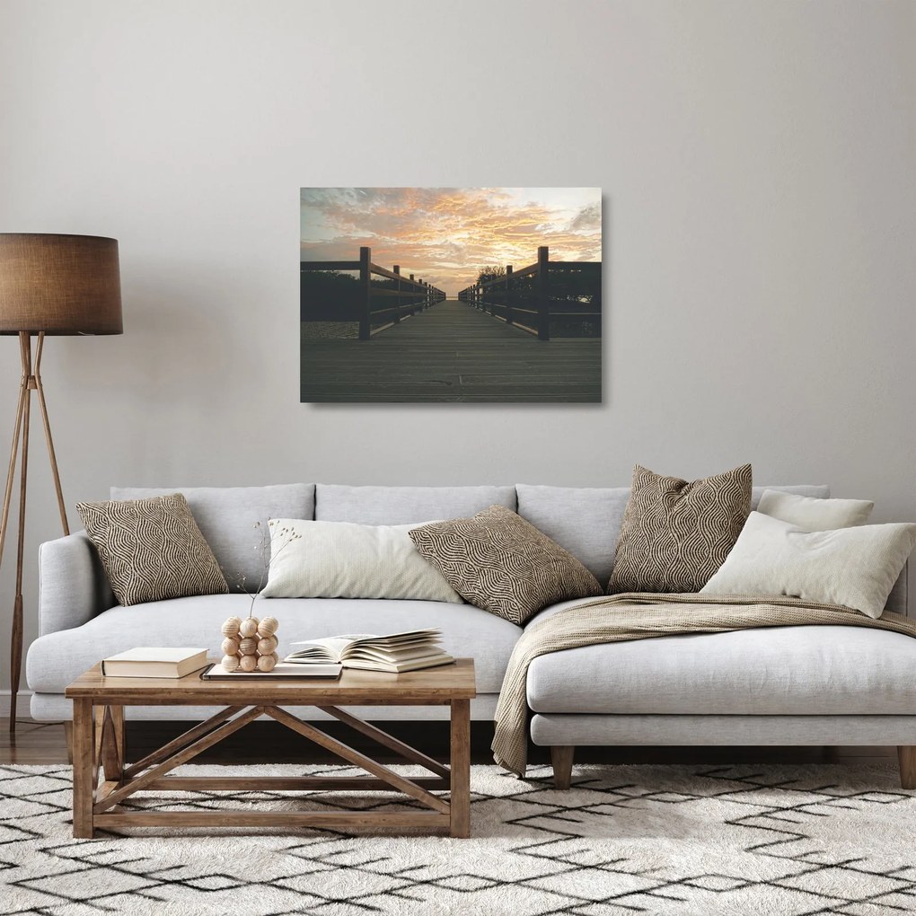 Sklenený obraz dreveného móla nad jazerom (70x50 cm)
