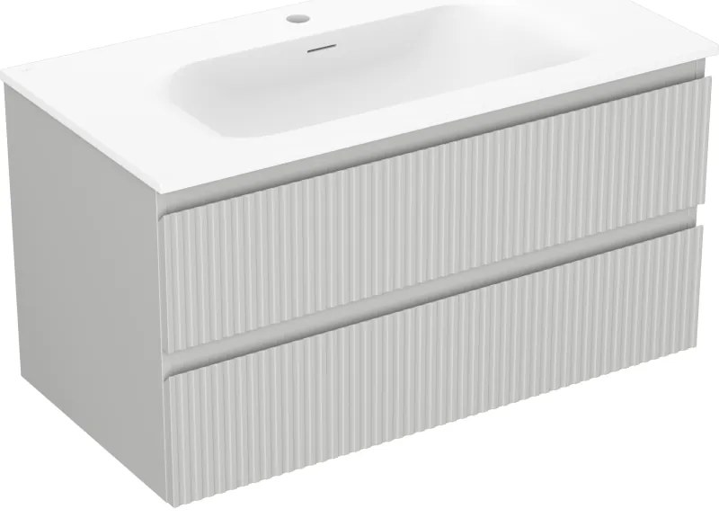 Mexen Rivel, kúpeľňová skrinka 90 cm s umývadlom Vela, 2 zásuvky, drážkovaná, sivá matná/biela, 91A20-09047-2-BFF62-W23M01