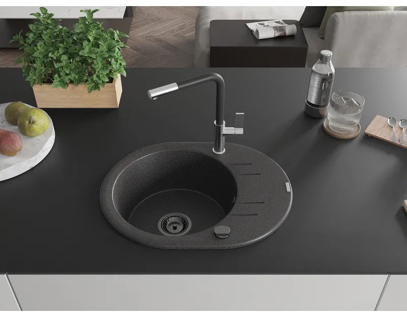 Mexen Kevin, 1-komorový granitový drez 586x458x190 mm a drezová batéria Flora, čierna škvrnitá, 6517-76-670401-07-B