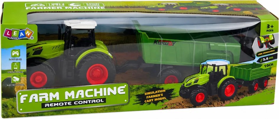 LEAN Toys Poľnohospodársky traktor s vyklápacím prívesom, diaľkovo ovládaný RC, so svetlami, mierka 1:24