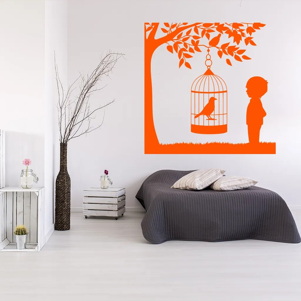 Veselá Stena Samolepka Vtáčik v klietke na strome Farba: čierna, Veľkosť: 40 x 40 cm