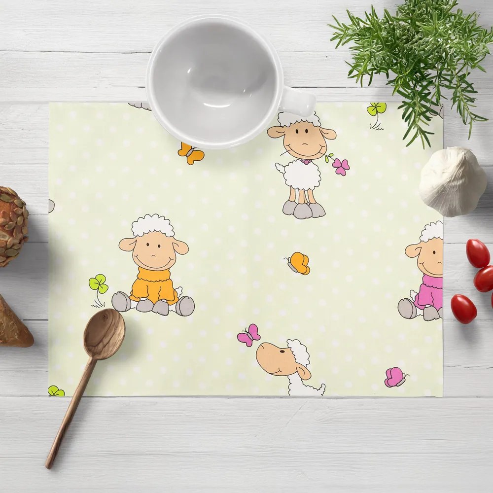 Biante Detské bavlnené prestieranie na stôl Sandra SA-729 Veselé ovečky na svetlo zelenom bodkovanom 35x45 cm