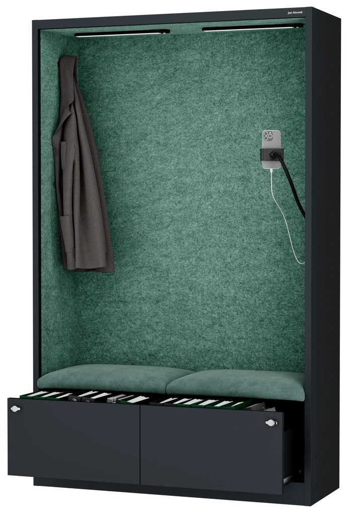Kancelárska akustická kabína so sedadlom a portom USB-C, telo v antracitovej farbe / sedadlo v zelenej farbe, 1150 mm: SALLY MentalBox