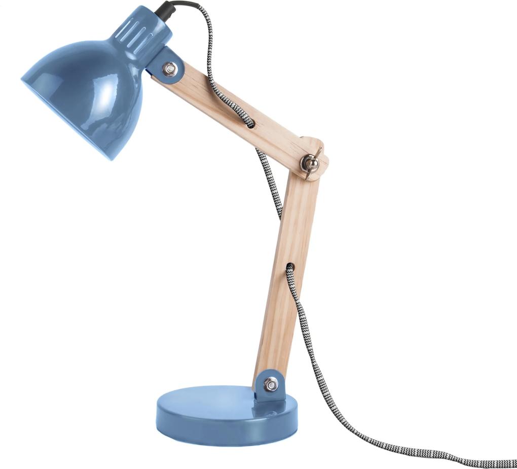 LEITMOTIV Stolná modrá lampa s dreveným ramenom Olge