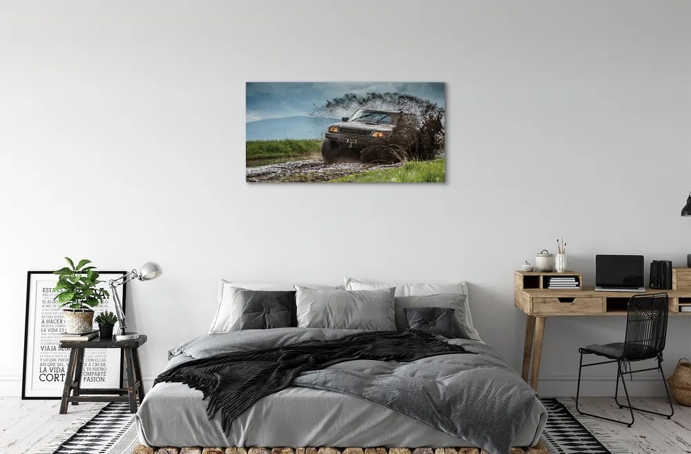 Obraz canvas Auto Field hory mraky 125x50 cm