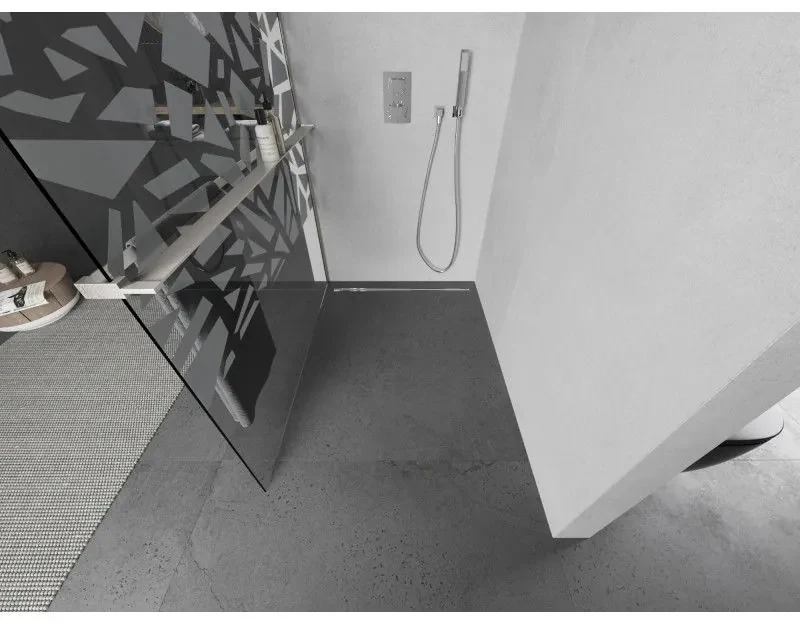 Mexen Kioto+, sprchová zástena Walk-In s poličkou a vešiakom 110 x 200 cm, 8mm číre sklo biely vzor, brúsená oceľ profil, 800-110-121-97-85