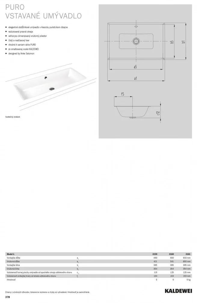 Kaldewei Puro - Vstavané umývadlo 600x385 mm s prepadom, bez otvoru na batériu, Perl-effekt, alpská biela 901006003001