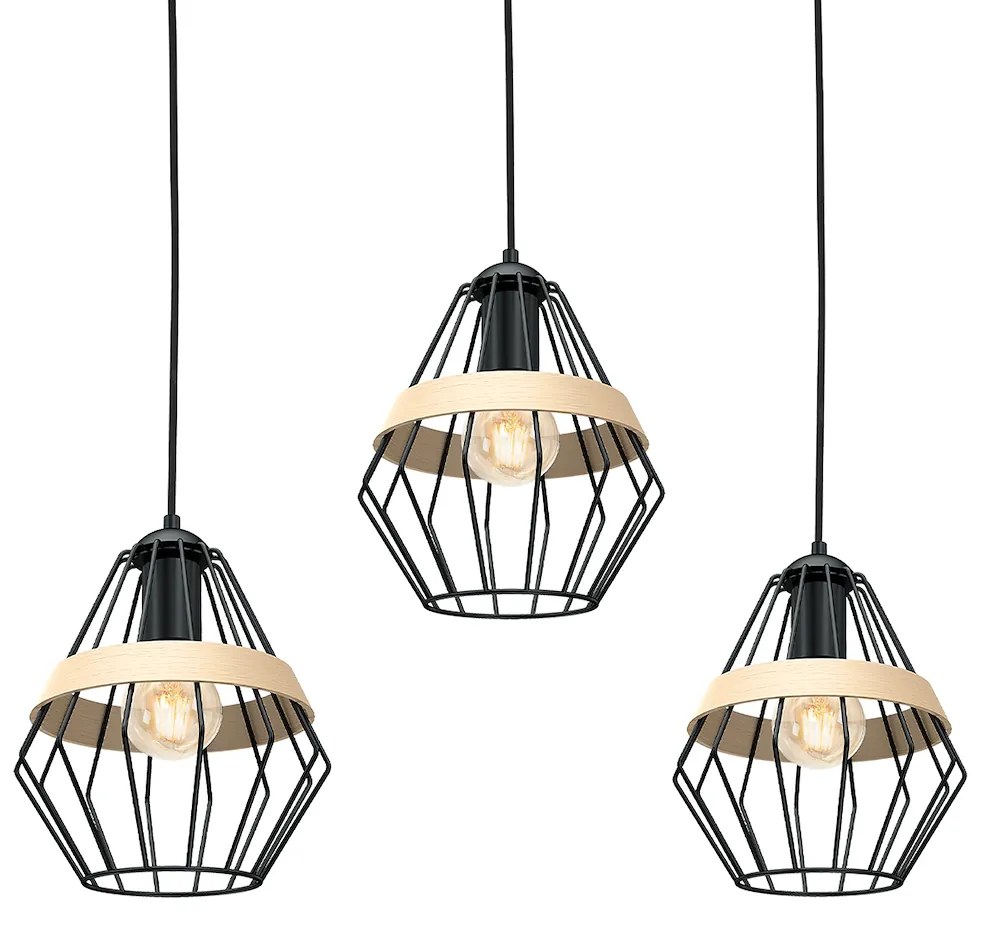 Závesné svietidlo Cliff, 3x drevené/čierne drôtené tienidlo, b