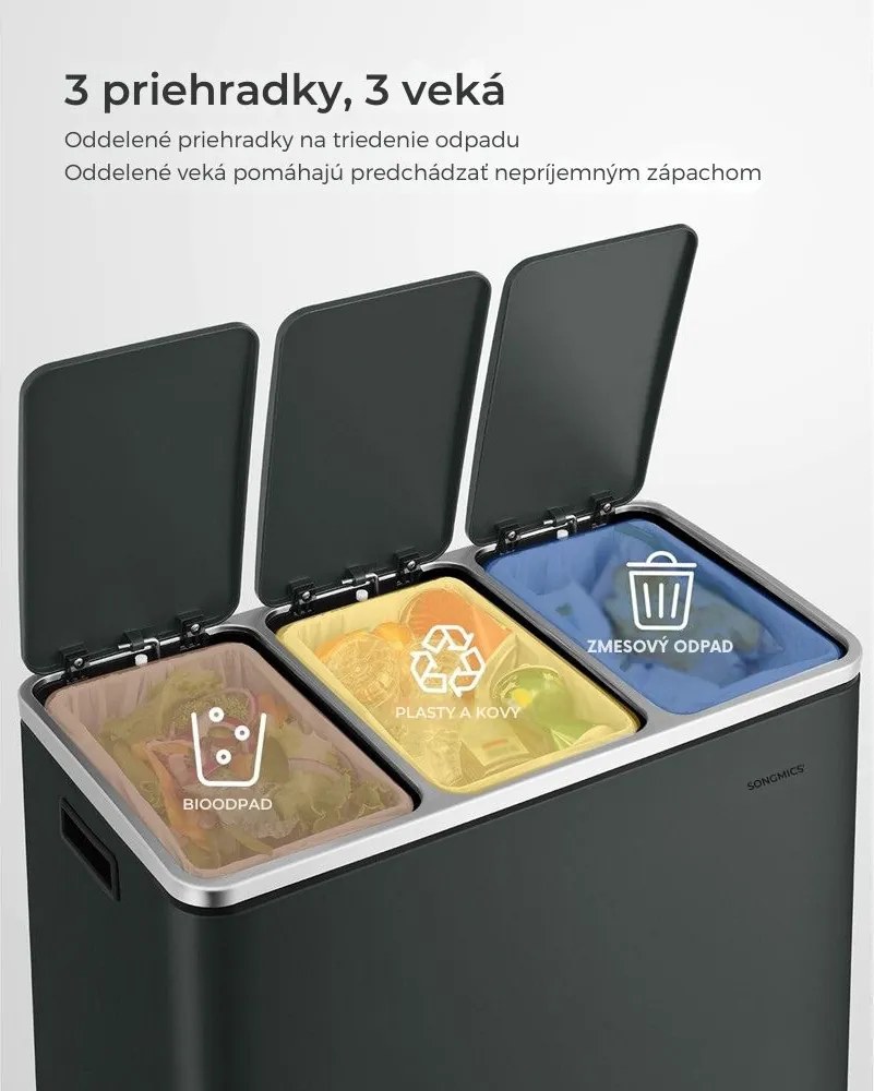 Kôš na separovanie odpadu SORT 54 l (3×18 l), antracitová/strieborná SongmicsHome