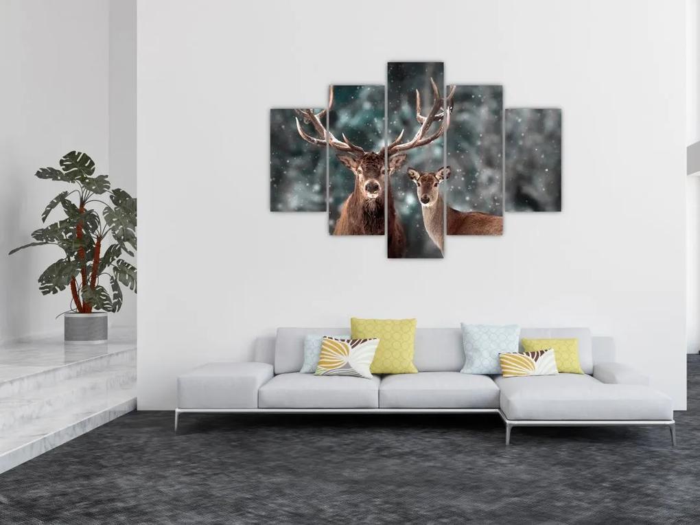 Obraz - Jeleň a laň v zasneženom lese (150x105 cm)