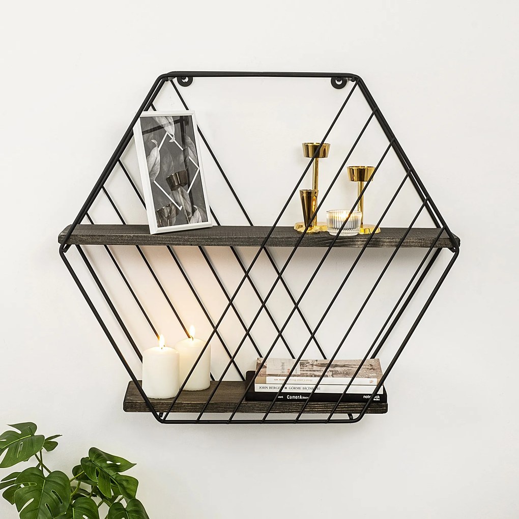 Nástenná polica ANEMONE VULGARIS čierna/tmavý orech