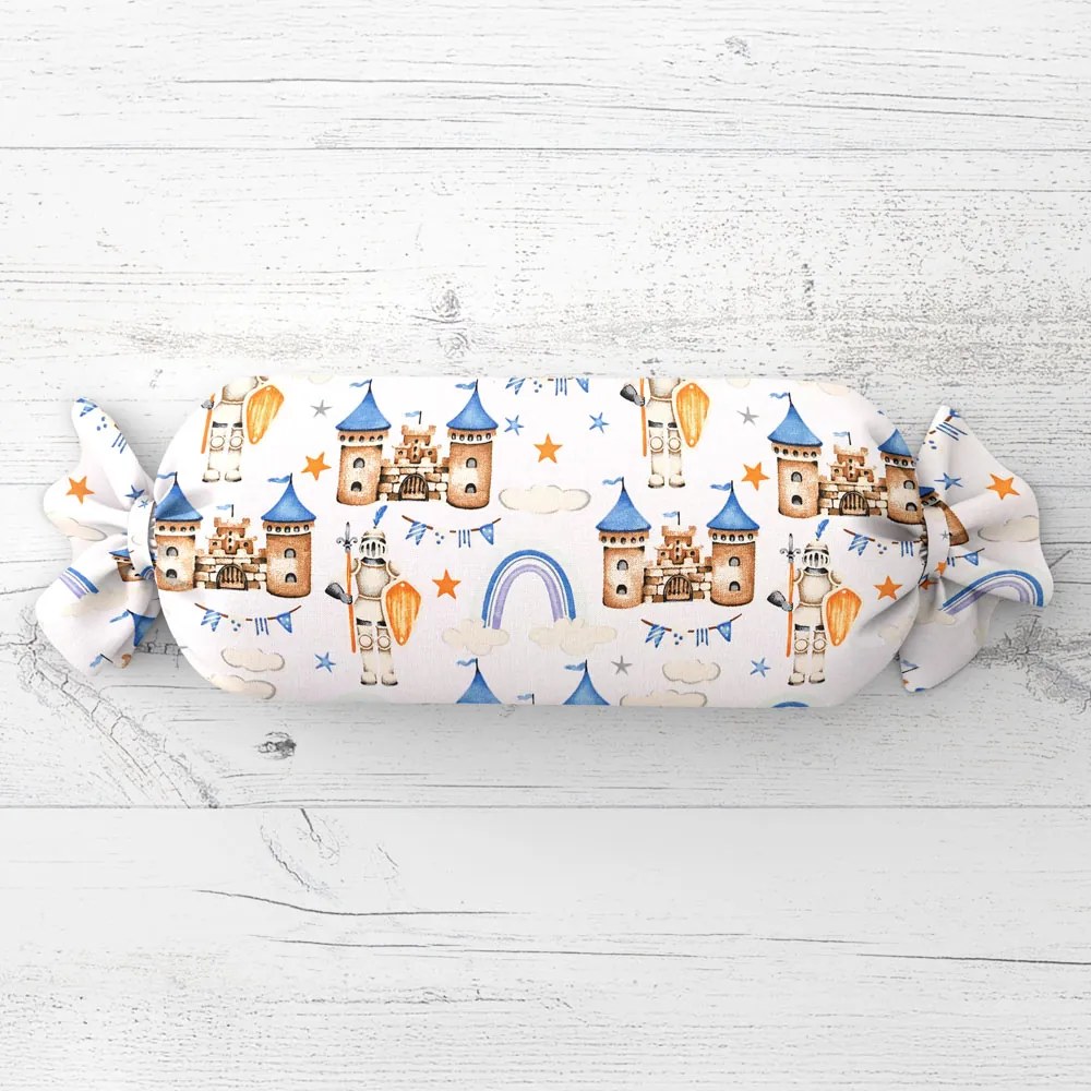 Biante Detský vankúš valec bonbon Sandra SA-666 Modro-hnedé hrady a rytieri na bielom 15x60 cm