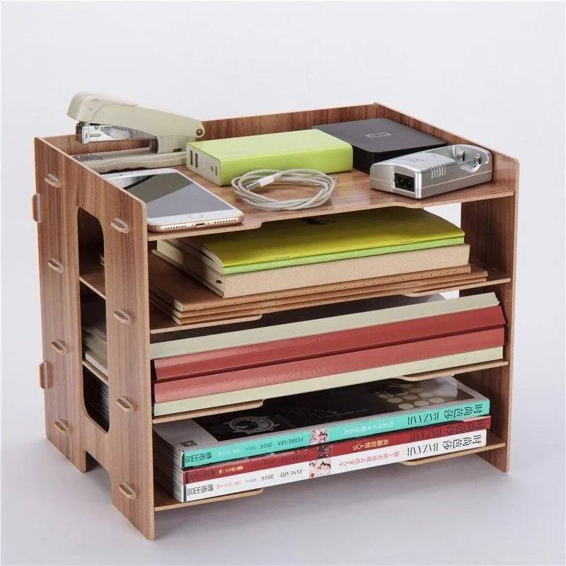 Drevený DIY kancelársky zásobník na dokumenty, organizér na dokumenty 4 priehradky svetlé drevo QS205 Čierna