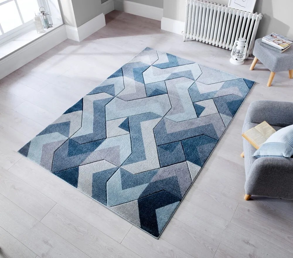 Flair Rugs, Kusový koberec Hand Carved Aurora Denim Blue, 200x290, modrá, kancelária