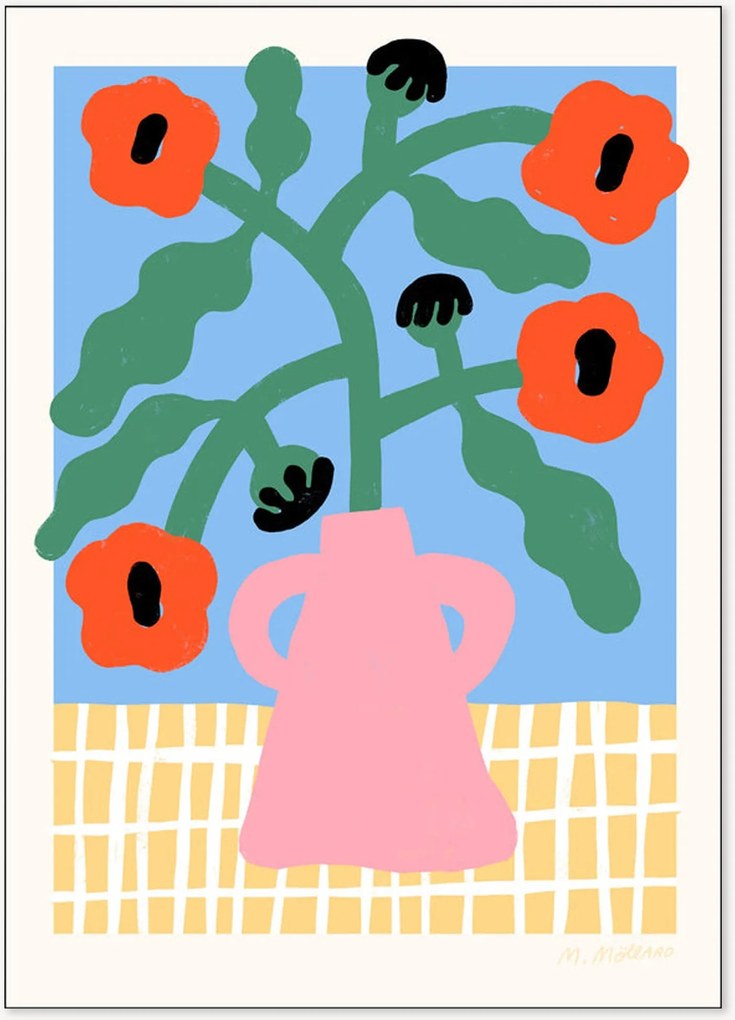 Plagát Red Poppies in Pink Vase